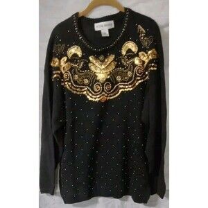 Victoria Harbor Women Vtg  Sweater Black Gold Sequin Beaded Size Large